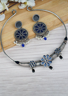 Blue Drop Style Brass Set Of Necklace And Earrings - Indian Silk House Agencies