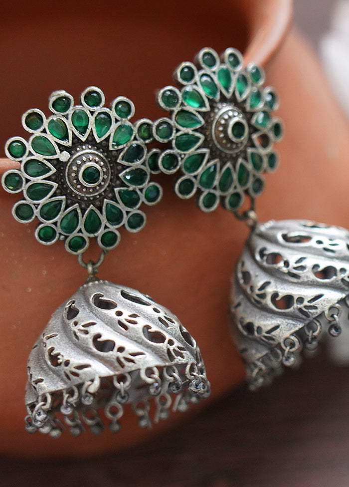 Green Handcrafted Silver Tone Brass Jhumka - Indian Silk House Agencies
