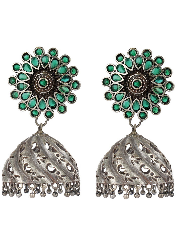 Green Handcrafted Silver Tone Brass Jhumka - Indian Silk House Agencies