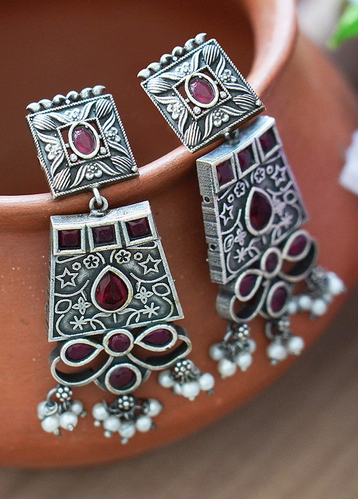 Red Stone Silver Tone Brass Earrings - Indian Silk House Agencies