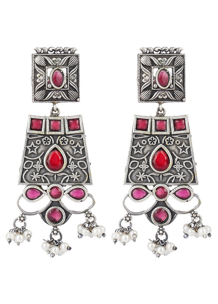 Red Stone Silver Tone Brass Earrings - Indian Silk House Agencies
