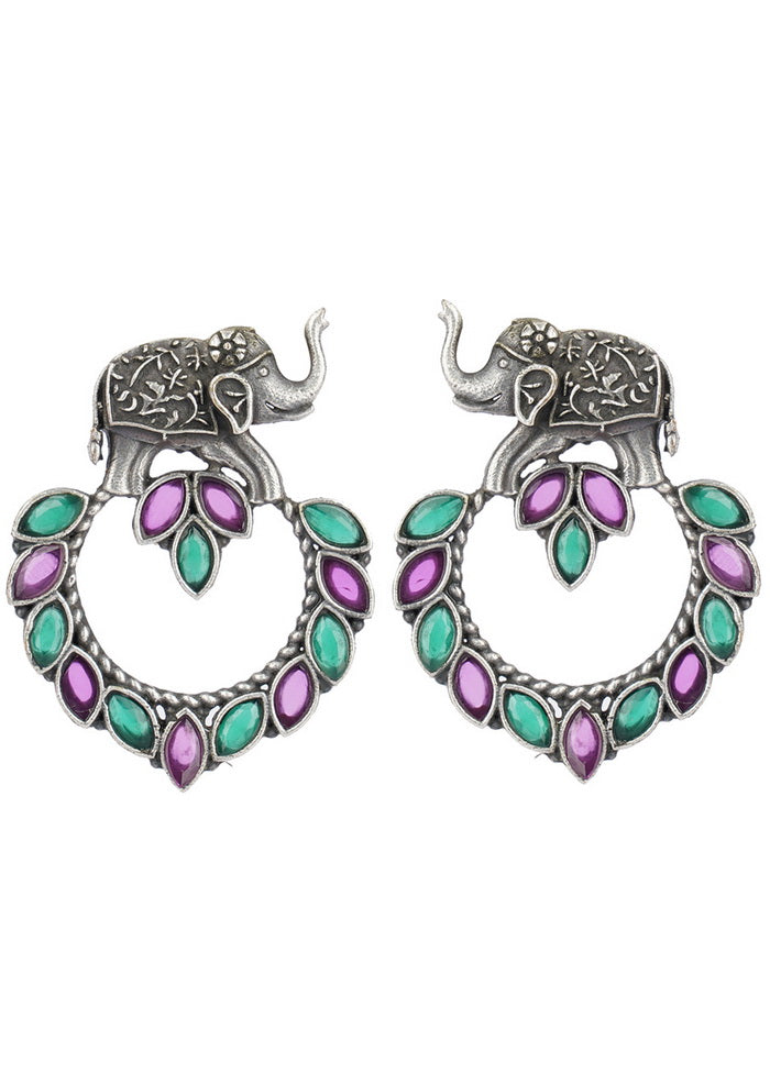 Silver Tone Elephant Design Brass Earrings - Indian Silk House Agencies