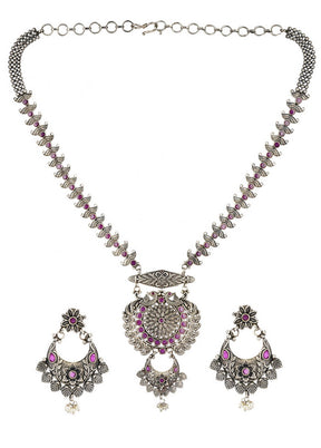 Silver Tone Brass Set Of Necklace And Earrings - Indian Silk House Agencies