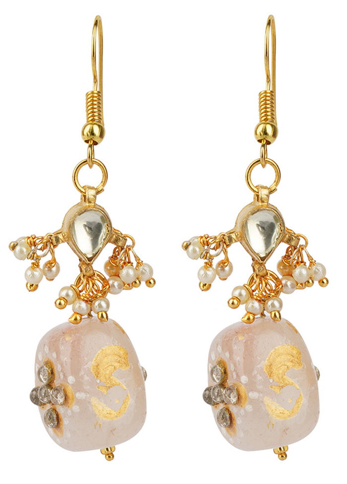 White Beads Style Matte Gold Brass Earrings - Indian Silk House Agencies