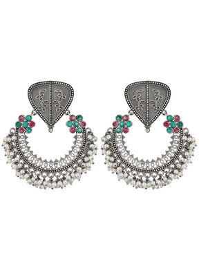 White Beads Silver Tone Brass Earrings - Indian Silk House Agencies