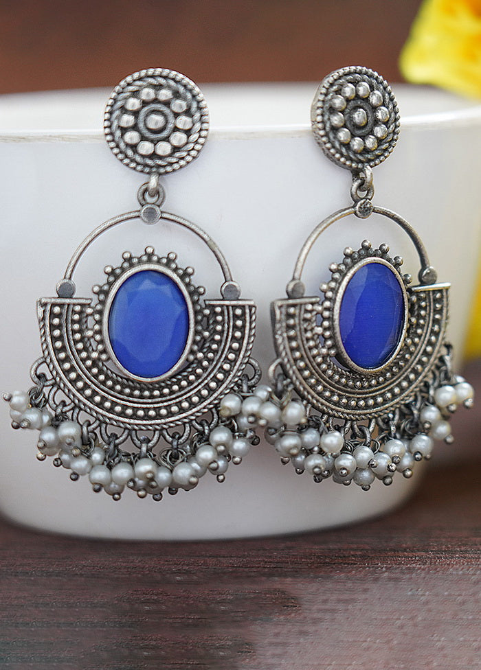 White Beads Silver Tone Brass Earrings - Indian Silk House Agencies