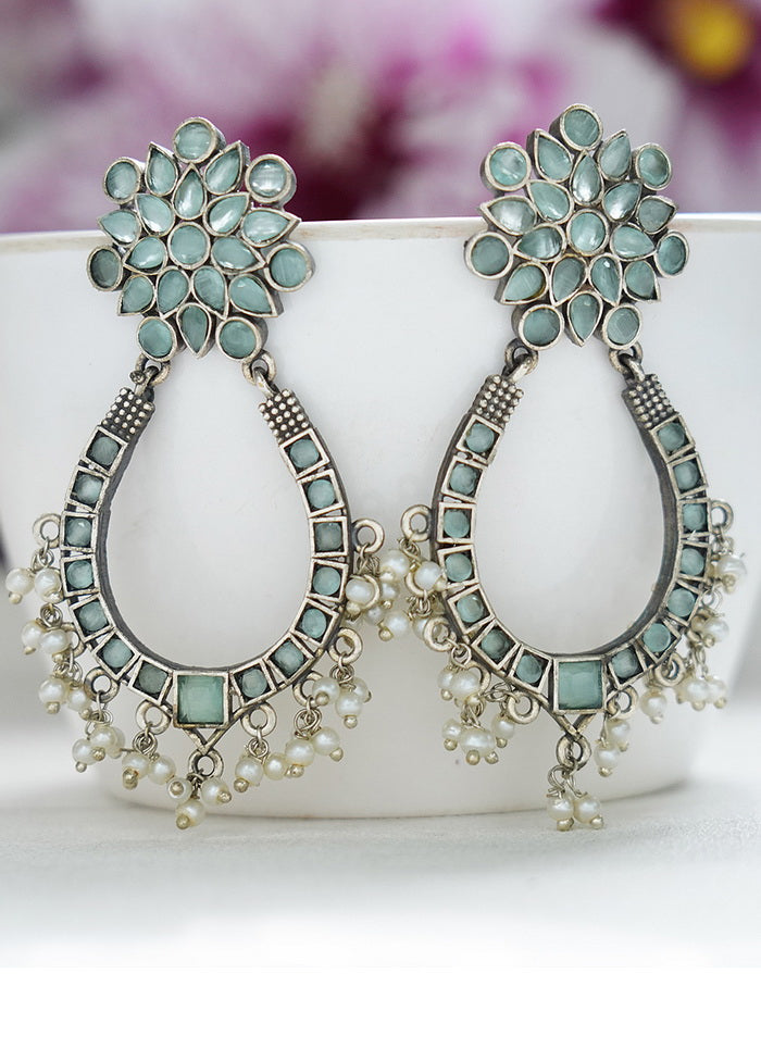 White Beads Pattern Silver Tone Brass Earrings - Indian Silk House Agencies