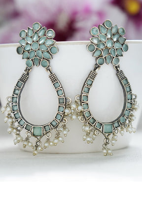 White Beads Pattern Silver Tone Brass Earrings - Indian Silk House Agencies