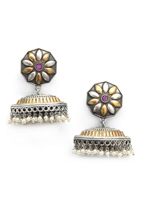 White Beads Style Dual Tone Brass Jhumka - Indian Silk House Agencies