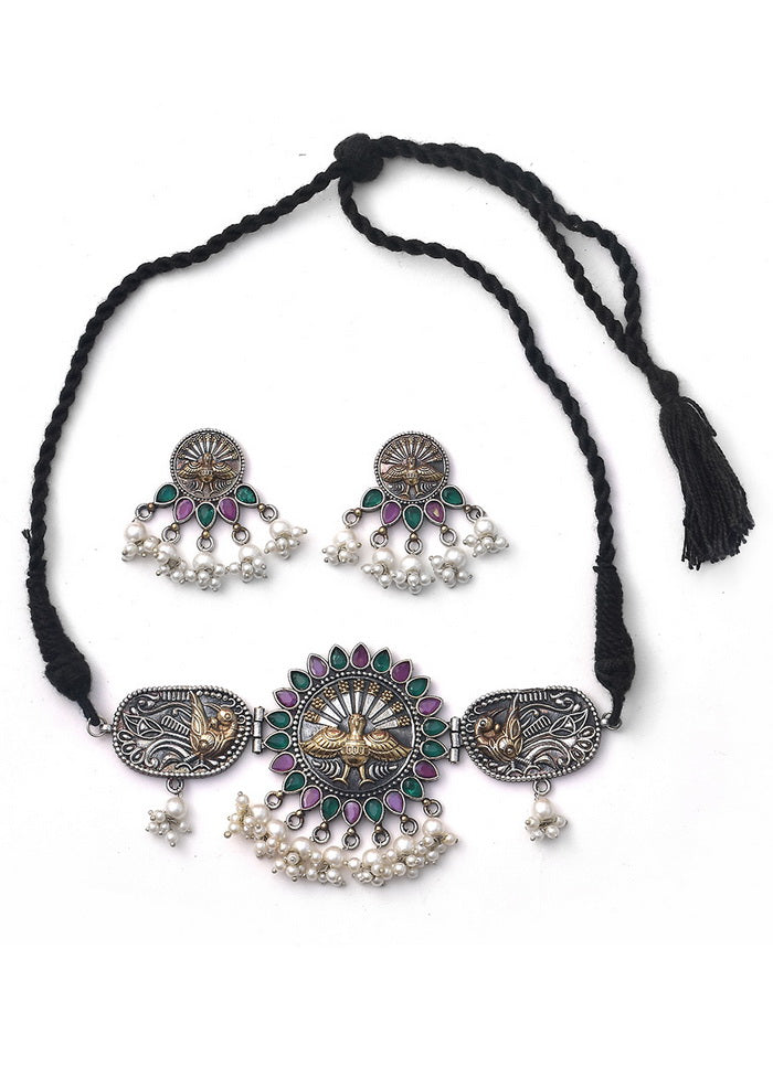 Dual Tone Brass Set Of Necklace and Earrings - Indian Silk House Agencies