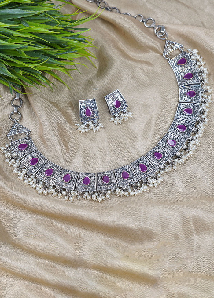 Silver Tone Brass Set Of Necklace and Earrings - Indian Silk House Agencies