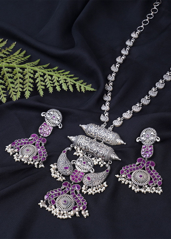 Silver Tone Brass Set Of Necklace and Earrings - Indian Silk House Agencies