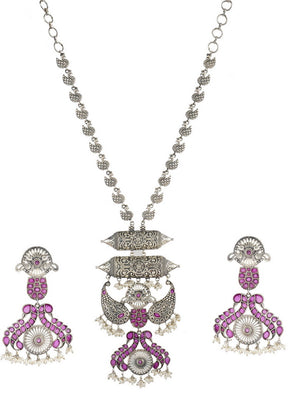 Silver Tone Brass Set Of Necklace and Earrings - Indian Silk House Agencies