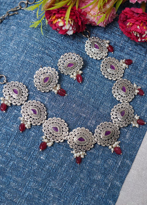 Handcrafted Silver Tone Brass Set Of Necklace And Earrings - Indian Silk House Agencies
