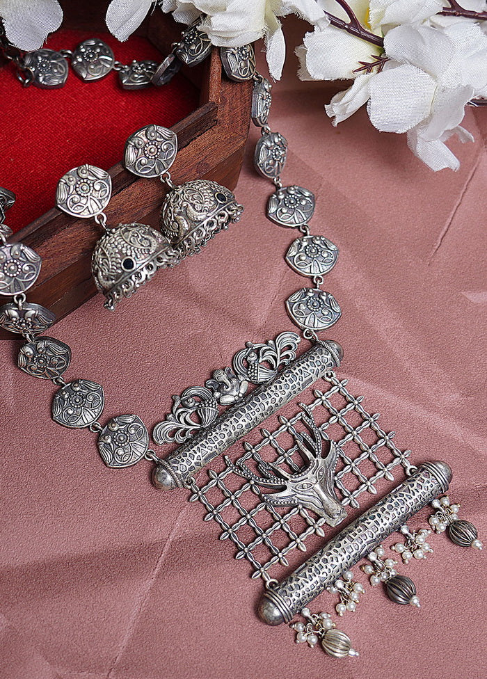 Handcrafted Silver Tone Brass Set Of Necklace And Earrings - Indian Silk House Agencies