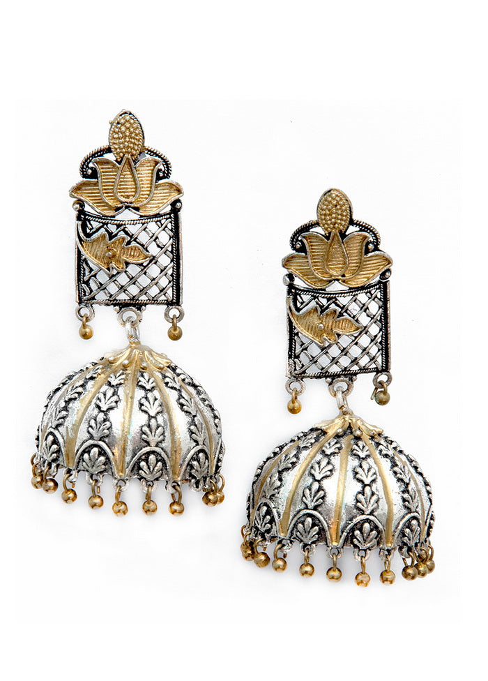 Lotuc Design Silver Tone Brass Jhumka - Indian Silk House Agencies