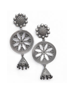 Round Shape With Leaf Pattern Silver Tone Brass Jhumka - Indian Silk House Agencies