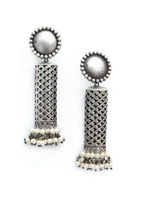 White Beaded Silver Tone Brass Earrings - Indian Silk House Agencies