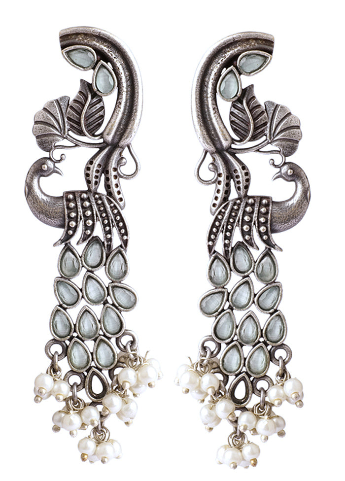 Peacock Shape Silver Tone Brass Earrings - Indian Silk House Agencies