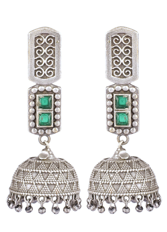 Green Handcrafted Silver Tone Brass Jhumki - Indian Silk House Agencies