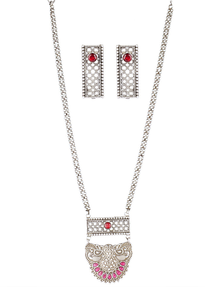 Set Of 2 Long Pattern Silver Tone Brass Set Of Necklace And Earrings - Indian Silk House Agencies
