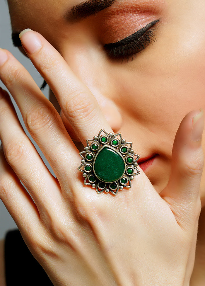 Green Silver Tone Tribal Brass Adjustable Ring - Indian Silk House Agencies