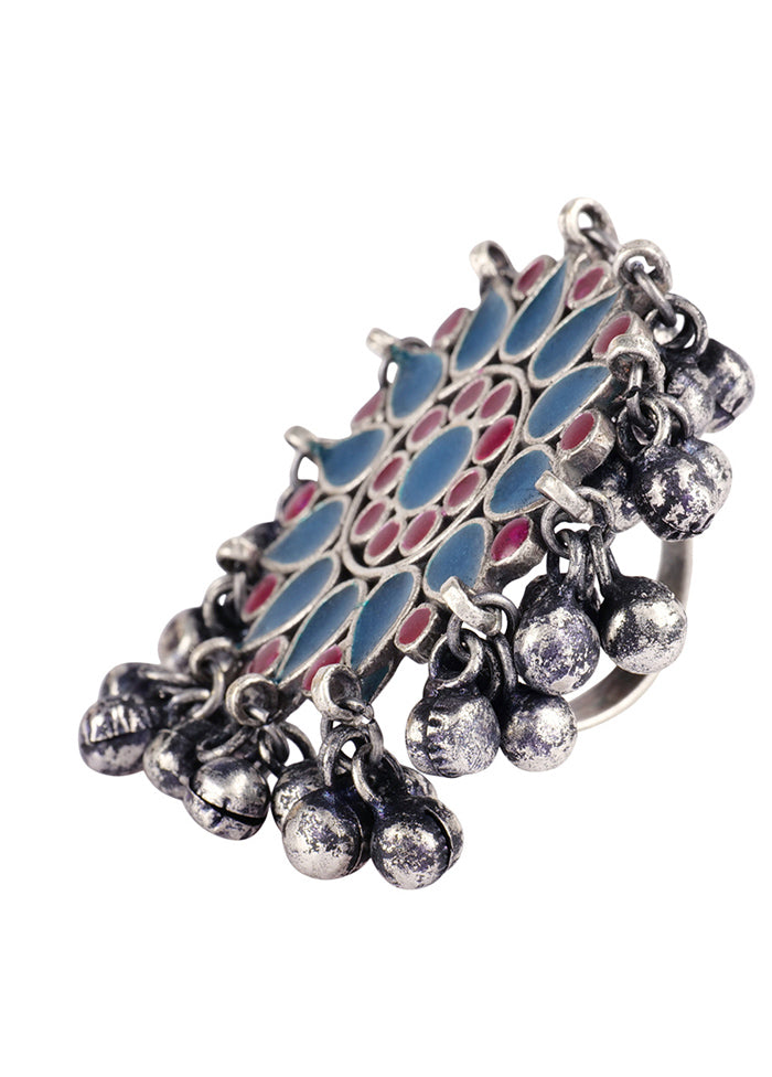 Blue Pink Silver Tone Tribal Brass Adjustable Enamel Ring - Indian Silk House Agencies