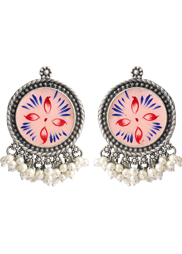 Pink Handcrafted Silver Tone Hand Painted Brass Earring - Indian Silk House Agencies