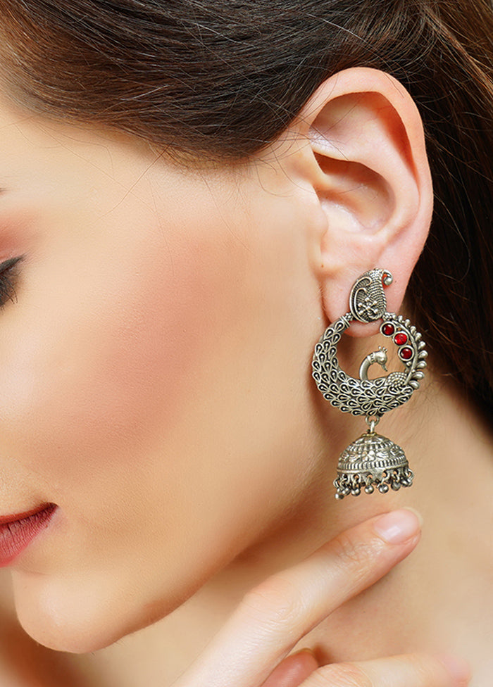 Red Handcrafted Silver Tone Brass Peacock Jhumki - Indian Silk House Agencies