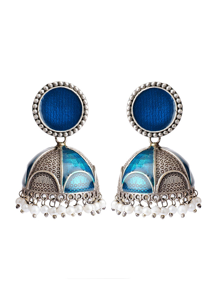 Blue Handcrafted Silver Tone Brass Hand Painted Enamel Jhumki - Indian Silk House Agencies