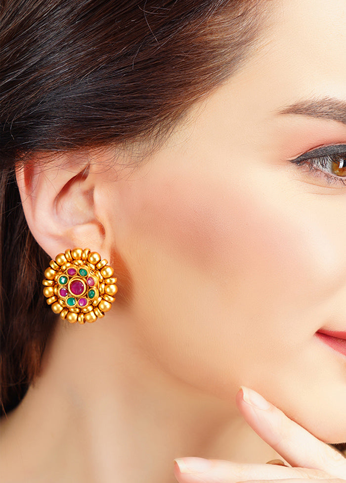 Red Green Handcrafted Matte Gold Tone Stud Earrings - Indian Silk House Agencies