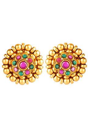 Red Green Handcrafted Matte Gold Tone Stud Earrings - Indian Silk House Agencies