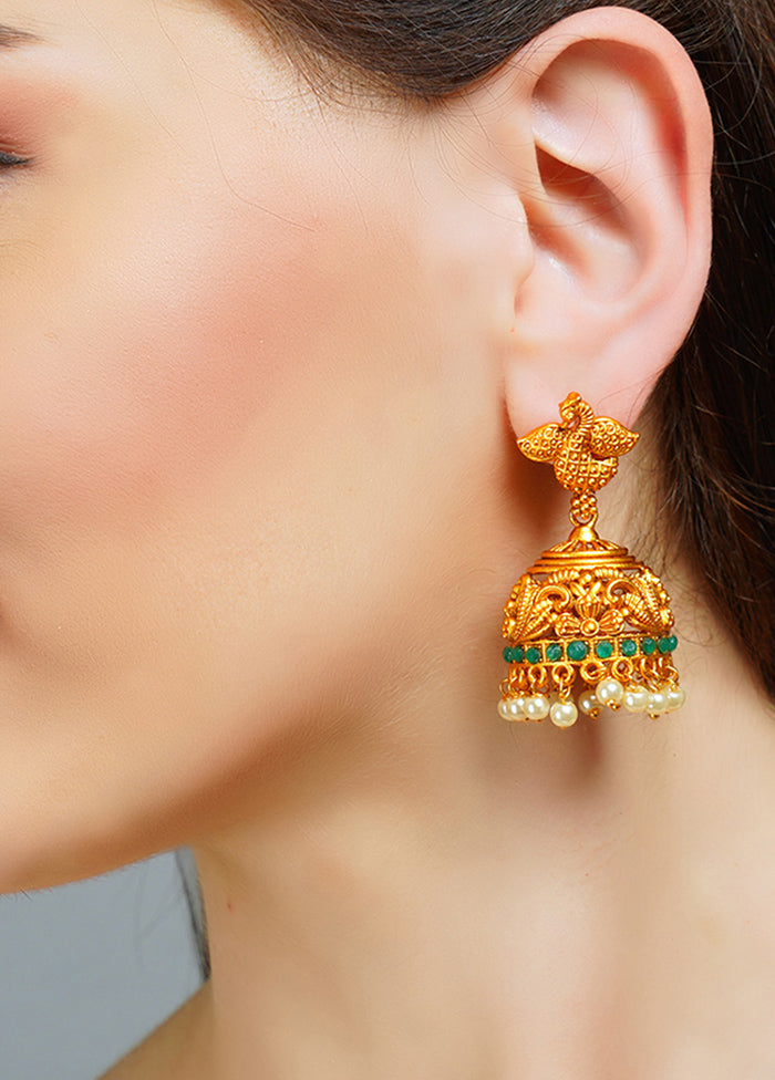 Green Handcrafted Matte Gold Temple Jhumki - Indian Silk House Agencies