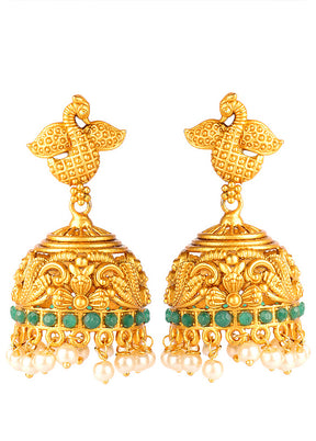 Green Handcrafted Matte Gold Temple Jhumki - Indian Silk House Agencies