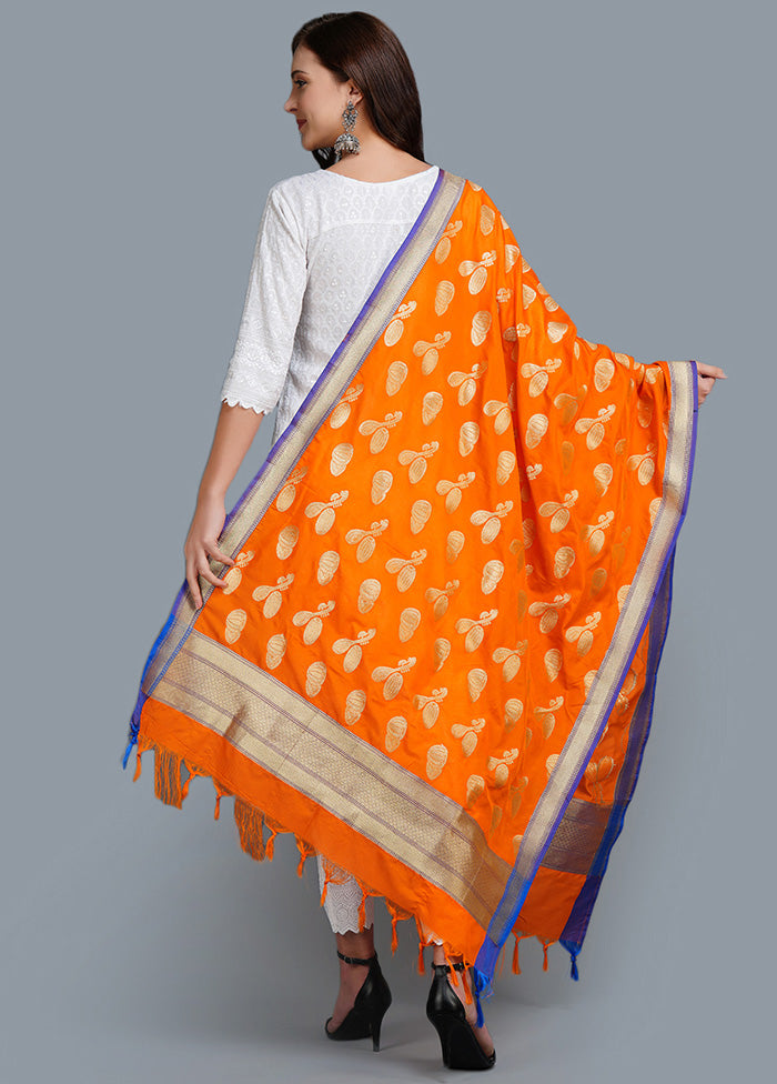 Orange Silk Woven Dupatta - Indian Silk House Agencies