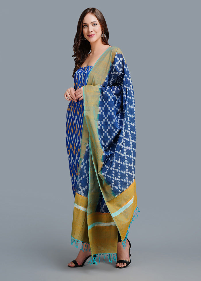 3 Pc Unstitched Blue Cotton Salwar Suit Set With Dupatta VDJB1011226 - Indian Silk House Agencies