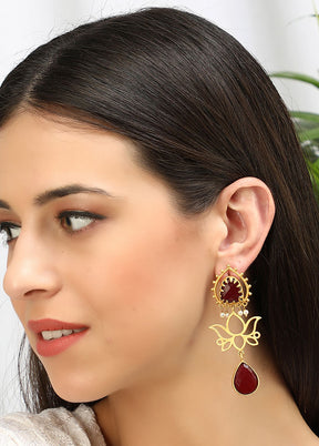Red Matte Gold Handcrafted Brass Lotus Earrings - Indian Silk House Agencies