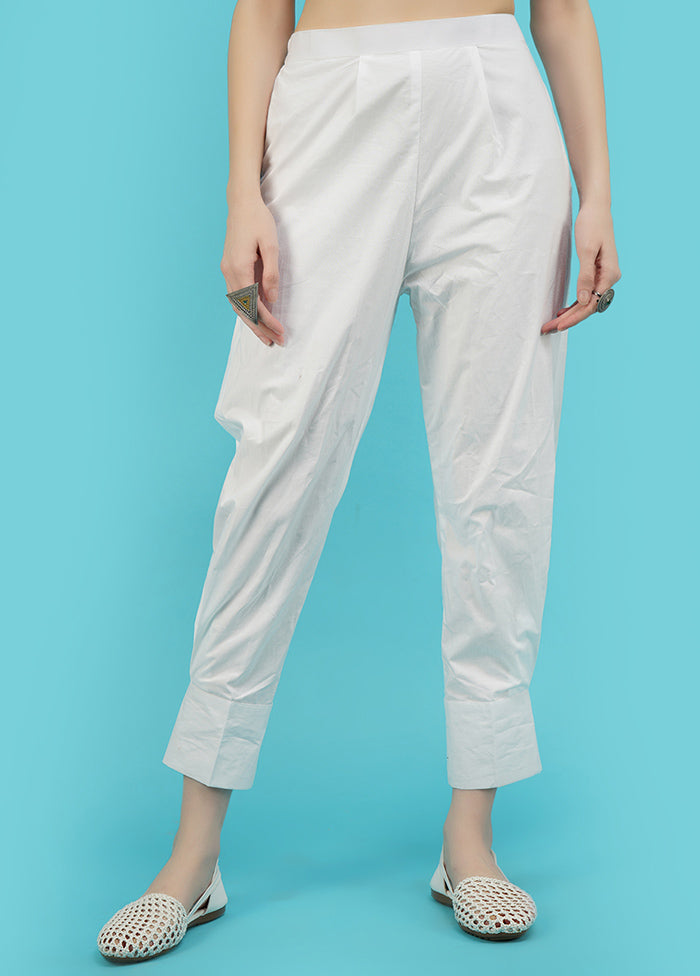 White Cotton Solid Parallel Trouser - Indian Silk House Agencies