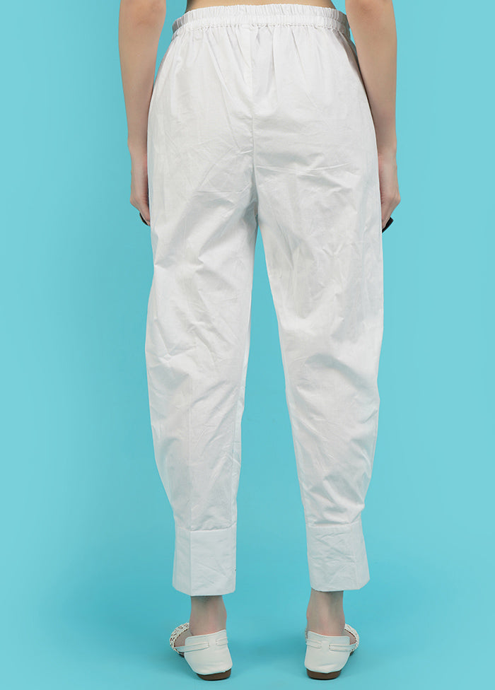 White Cotton Solid Parallel Trouser - Indian Silk House Agencies
