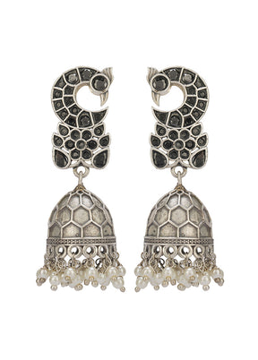 Peacock Style Silver Tone Brass Jhumka - Indian Silk House Agencies
