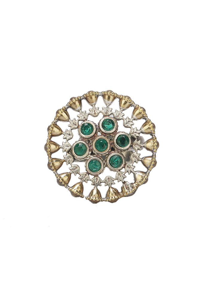Green Adjustable Dual Tone Brass Ring - Indian Silk House Agencies