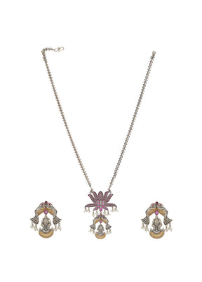 Dual Tone Handcrafted Brass Necklace With Earrings Set Of 2 - Indian Silk House Agencies