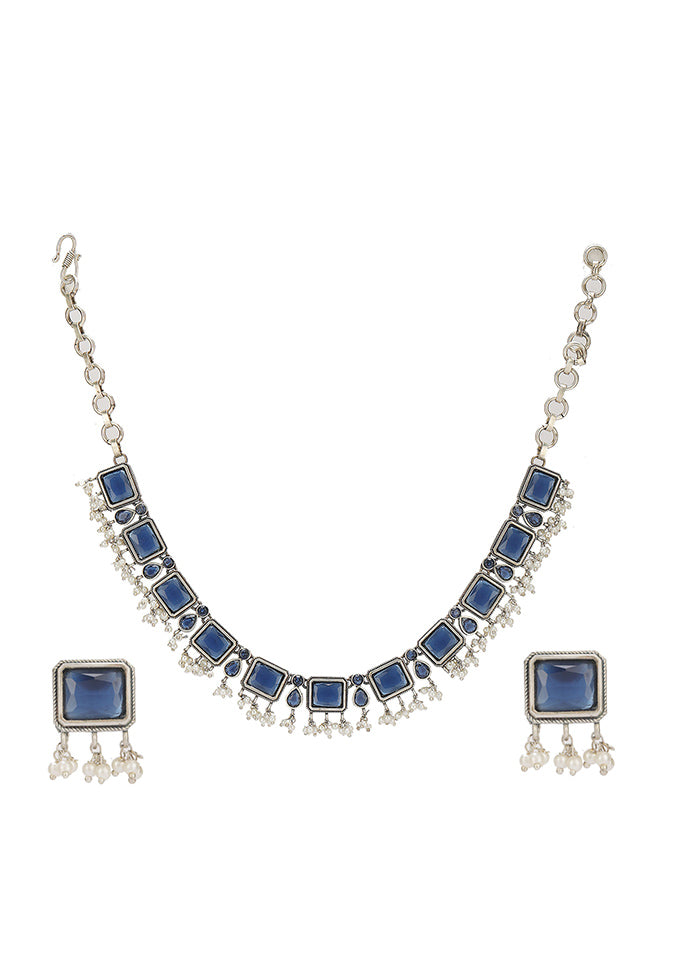 Blue Silver Tone Handcrafted Brass Necklace With Earrings Set Of 2 - Indian Silk House Agencies