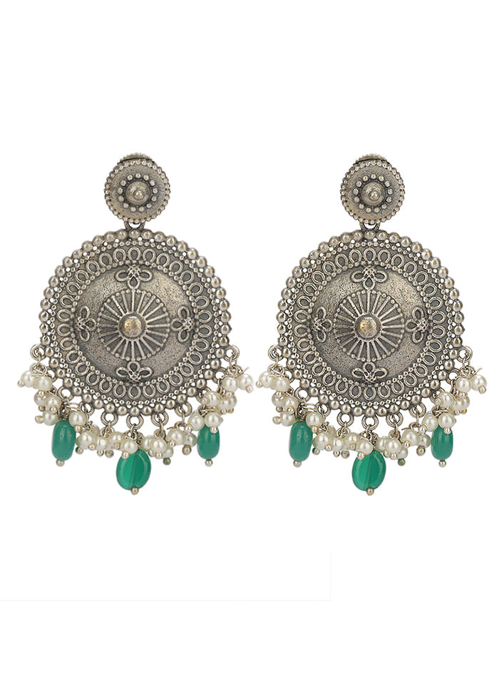 Green Silver Tone Handcrafted Brass Stud Earrings - Indian Silk House Agencies