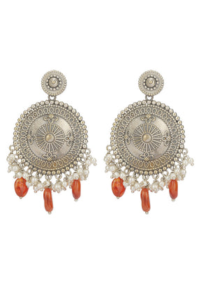 Red Silver Tone Handcrafted Brass Stud Earrings - Indian Silk House Agencies