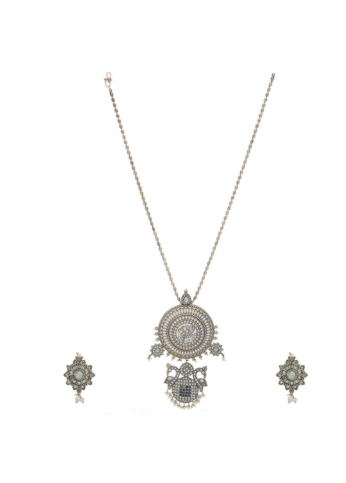 Gray Dual Tone Handcrafted Brass Necklace With Earrings Set Of 2 - Indian Silk House Agencies