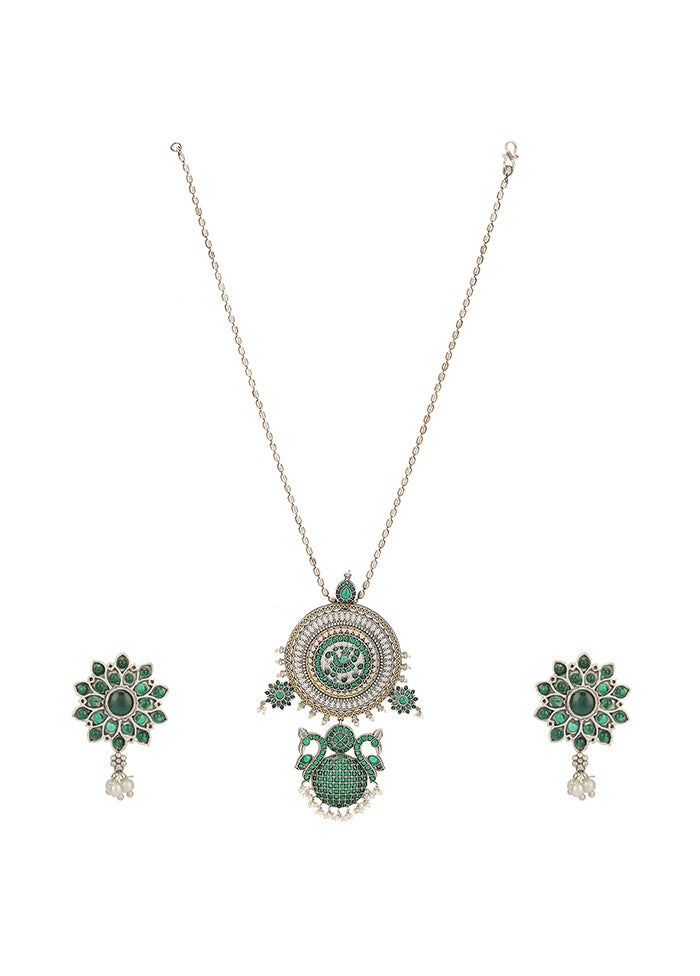 Green Dual Tone Handcrafted Brass Necklace With Earrings Set Of 2 - Indian Silk House Agencies