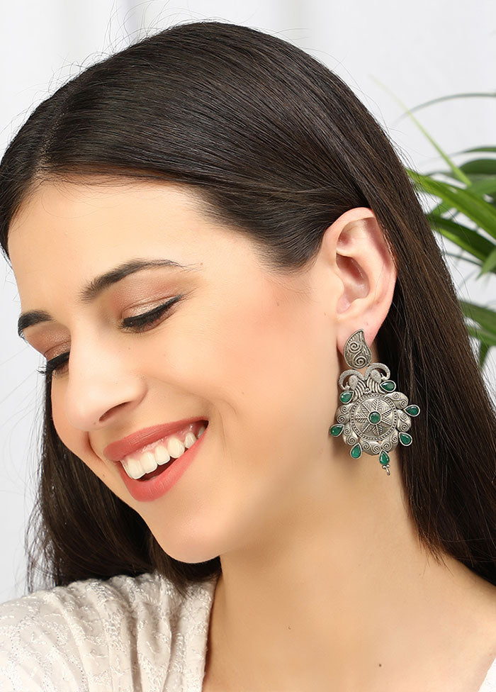 Green Silver Tone Handcrafted Brass Earrings - Indian Silk House Agencies