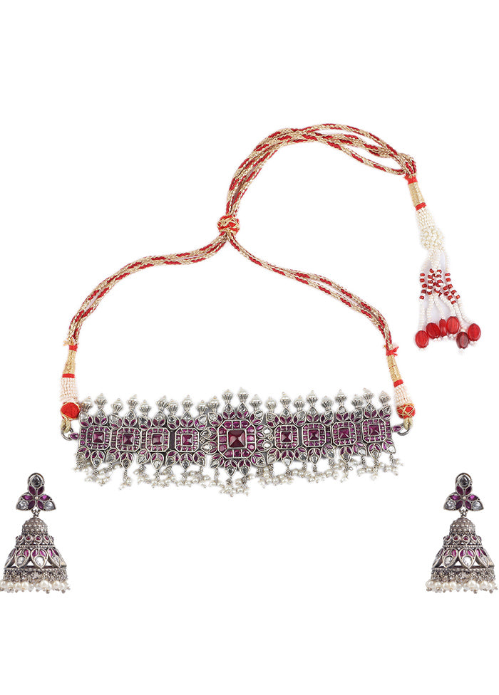 Red Kundan Work Brass Necklace Set - Indian Silk House Agencies