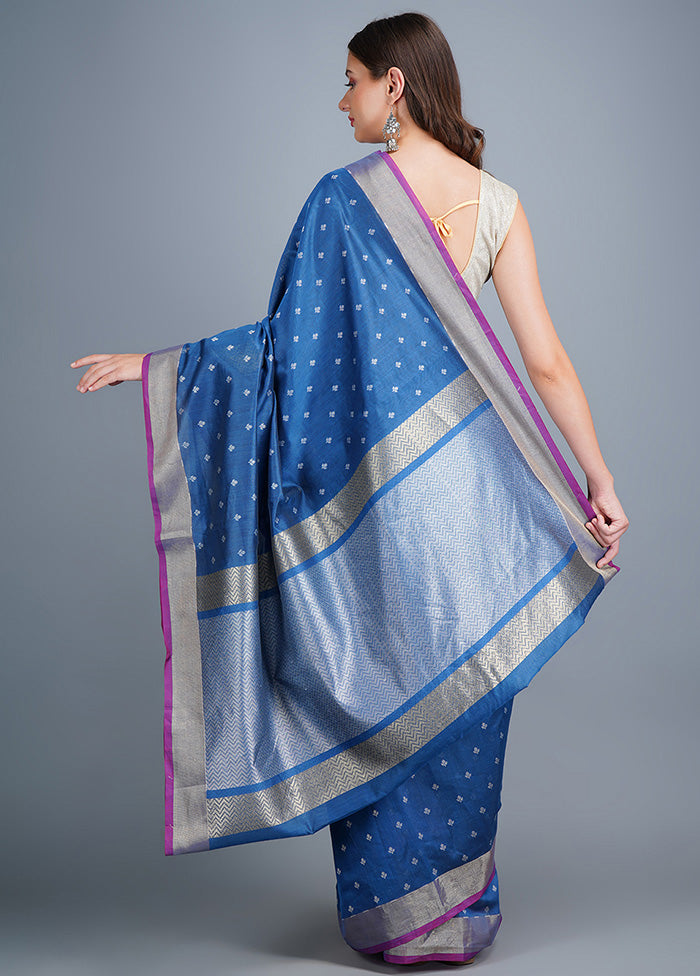 Blue Dupion Silk Saree With Blouse Piece - Indian Silk House Agencies